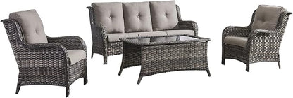 HUMMUH Outdoor Furniture 4 Pieces Patio Furniture Set Wicker Outdoor Sectional Sofa with 2 Patio Chairs,Coffee Table(Grey/Grey)