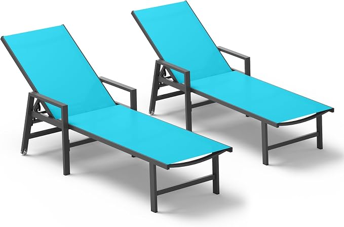 Patio Chaise Lounge Chair Outdoor with Wheels&Armrests, Aluminum Pool Lounge Chairs Set of 2 Five-Position Adjustable Recliner, Outdoor Beach Lounge Chairs for Outside, Patio, Deck, Yard, Lake Blue