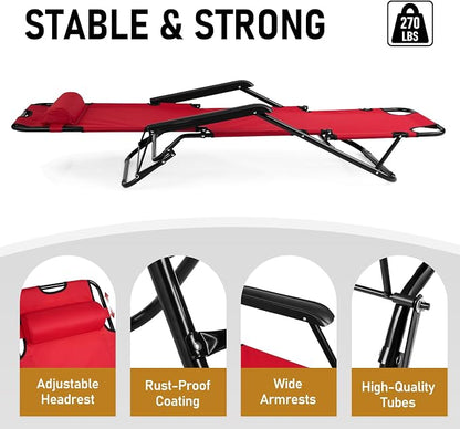 Outdoor Folding Chaise Lounge Chair, Patio Sun Lounger Reclining Beach Chair Sun Patio Pool Lawn Recliner Chair (Red)