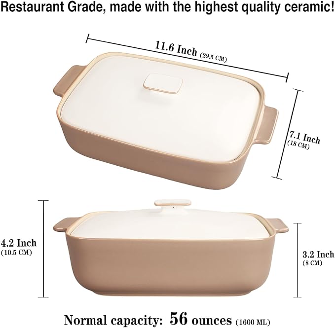 10" x 7" Casserole Dish 1.7 Quart Ceramic Bakeware Set with Lids, Chip and Crack Resistant Ceramic Casserole Dish with Handle 11.6 In, Microwave, Dishwasher, Oven, Freezer and Fridge Safe