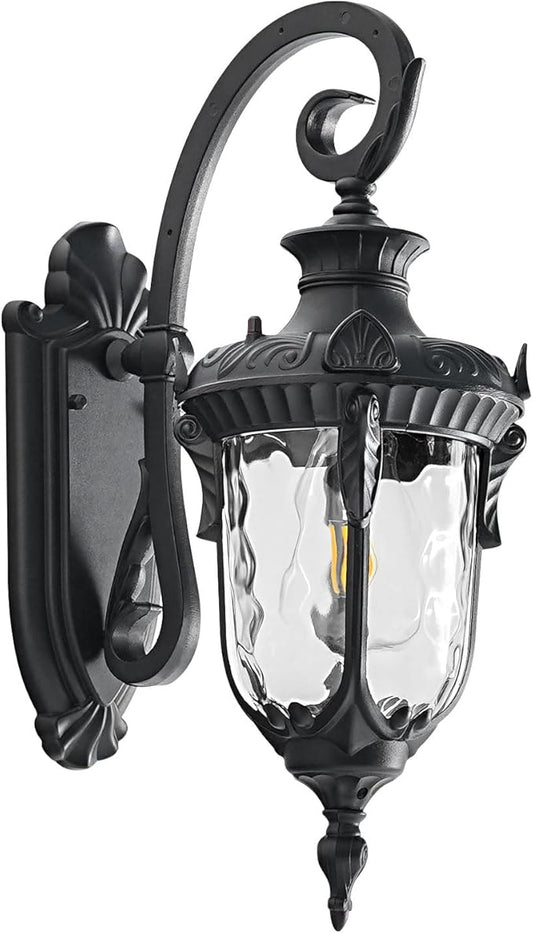 Outdoor Wall Lights, Waterproof Aluminum Porch Wall Light for Outside House, Patio, Yard, Garden, Black Gooseneck Exterior Wall Sconce, Hardwired Outdoor Acorn Shape Lantern Lamp, Water Ripple Glass