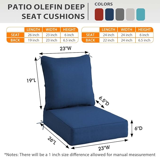 Sundale Outdoor Olefin Deep Seat Cushion, Patio Chair Cushion and Pillow, Water-Resistant Sectional Sofa Pad with Straps Dark Blue, 23 x 26 x 6 Inches