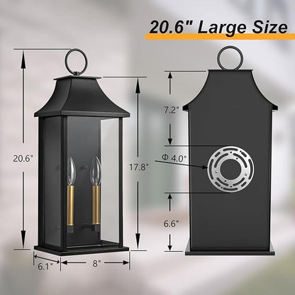 Dusk to Dawn Outdoor Wall Lantern 2-Light, 20.6" Large Outside Wall Sconce, Modern Black Wall Light Fixture with Glass, Waterproof Exterior Lamp for House, Porch, Garage