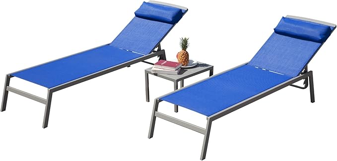 Domi Patio 3 Pieces Aluminum Textilene Chaise Lounge Set with Side Table Outdoor, Adjustable Back and Pillow for Yard Garden Sunbathing for All Seasons Blue