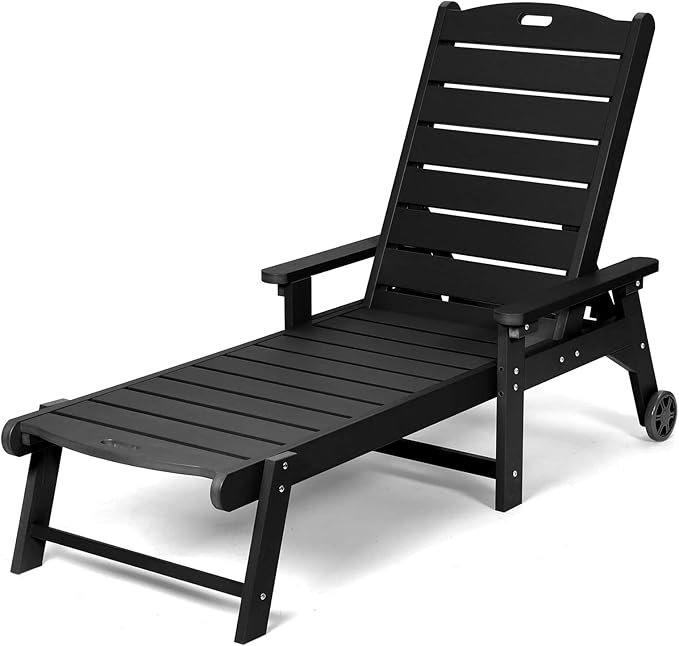 Lounge Chair, Chaise Lounge with 5-Level Adjustable Backrest and Pulley, Easy to Move, Supports Up to 350 lbs, All Weather Waterproof Outdoor Chairs for Patio, Pool, Porch Beach- Black
