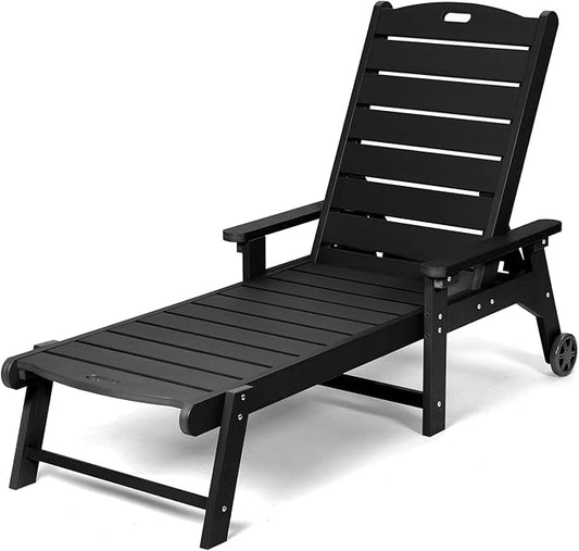 Lounge Chair, Chaise Lounge with 5-Level Adjustable Backrest and Pulley, Easy to Move, Supports Up to 350 lbs, All Weather Waterproof Outdoor Chairs for Patio, Pool, Porch Beach- Black
