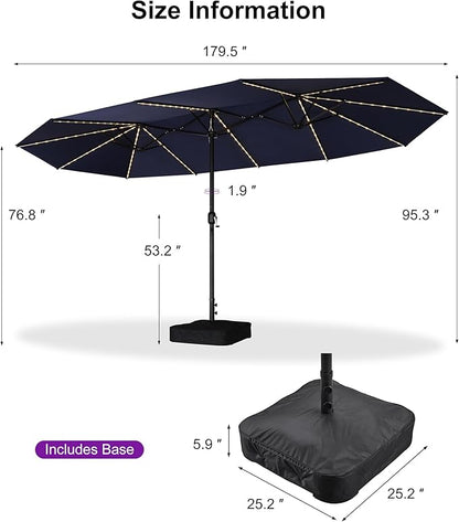 PURPLE LEAF 15ft Patio Market Umbrella with Solar LED and Base Double-Sided Rectangle Outdoor Table Sun Umbrellas with Crank for Pool Beach Deck Backyard Navy Blue