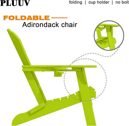 Folding Adirondack Chairs with Cup Holders, Set of 4 HDPE Plastic Outdoor Chairs, Weather Resistant, Real Wood Look, Heavy-Duty Patio Furniture for Deck, Fire Pit, Backyard, Apple Green