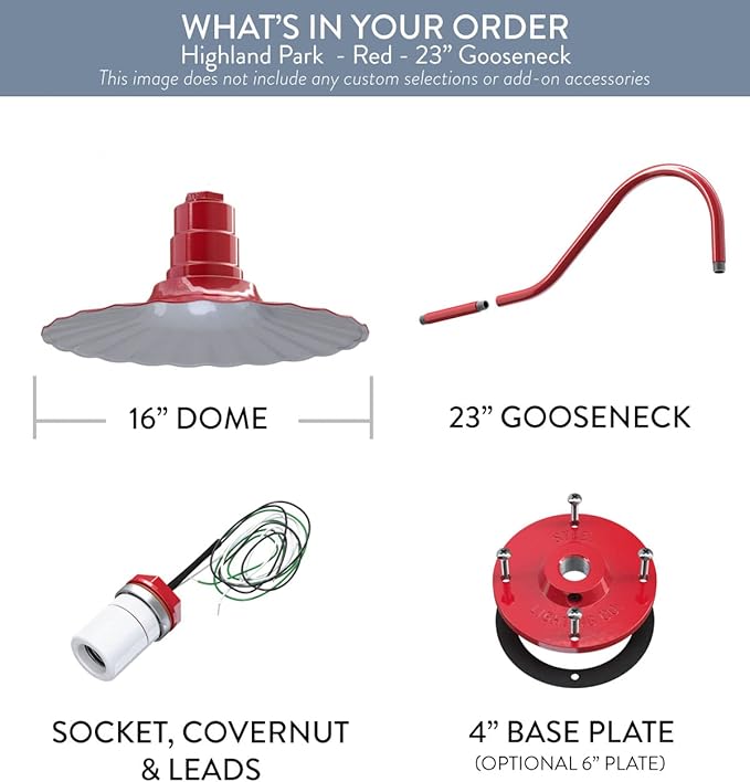 Steel Lighting Co. Highland Park Barn Light | Outdoor Wall Mounted | 16 inch Radial Wave | 23 inch Gooseneck | Vintage Style Made in America | Red Exterior/White Interior