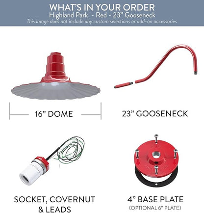 Steel Lighting Co. Highland Park Barn Light | Outdoor Wall Mounted | 16 inch Radial Wave | 23 inch Gooseneck | Vintage Style Made in America | Red Exterior/White Interior