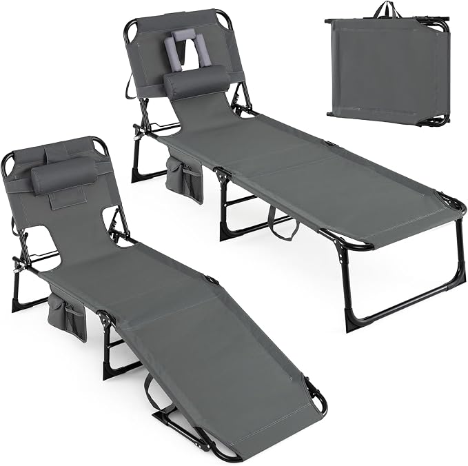 Goplus Tanning Chair, Folding Adjustable Patio Lounge Chair with Face Hole, Removable Pillow, 330LBS, Carry Strap, Outdoor Sunbathing Chair, Lightweight Portable Beach Lounge Chair, No Assembly