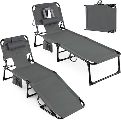 Goplus Tanning Chair, Folding Adjustable Patio Lounge Chair with Face Hole, Removable Pillow, 330LBS, Carry Strap, Outdoor Sunbathing Chair, Lightweight Portable Beach Lounge Chair, No Assembly