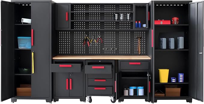 Red Garage Cabinet Storage System 9-Pcs Workshop Set Garage Cabinet and Storage System for Tool Organization