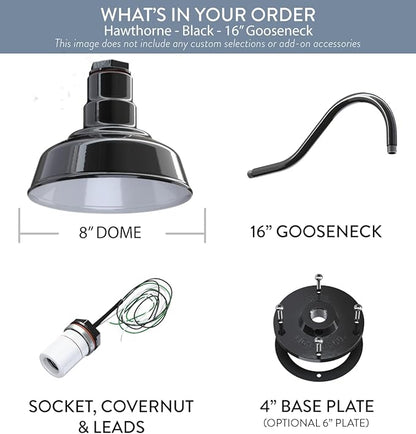 Steel Lighting Co. | Dusk to Dawn | Hawthorne Barn Light | Outdoor Wall Mounted | 8 in Dome | 16 inch Gooseneck| Small Farmhouse Light Made in America | Black Exterior/White Interior