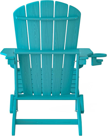 Plawdlik Folding Adirondack Chair, SGS Tested, Wooden Textured with Cup Holder, Heavy All-Weather HDPE Comfortable Set Poolside Backyard Lawn Aruba Blue Set 4