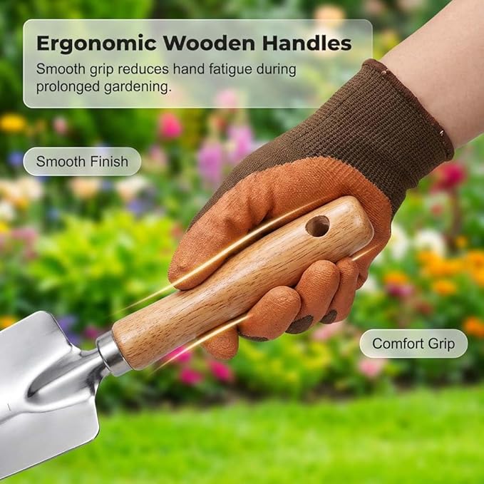 Gardening Tools 9 Piece Heavy Duty Rust Resistant Set, Premium Stainless Steel Yard Work Kit with Ergonomic Wooden Handles, Vintage Floral Tote Bag Storage, Planting Gifts for Women (B)