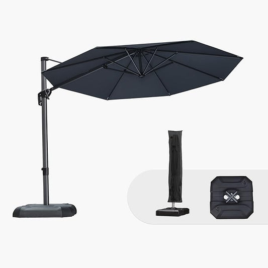 PURPLE LEAF 10 Feet Patio Umbrella with Base and Cover Round Outdoor Cantilever Umbrella Aluminum Offset Umbrella with 360-degree Rotation for Garden Deck Pool Patio Grey