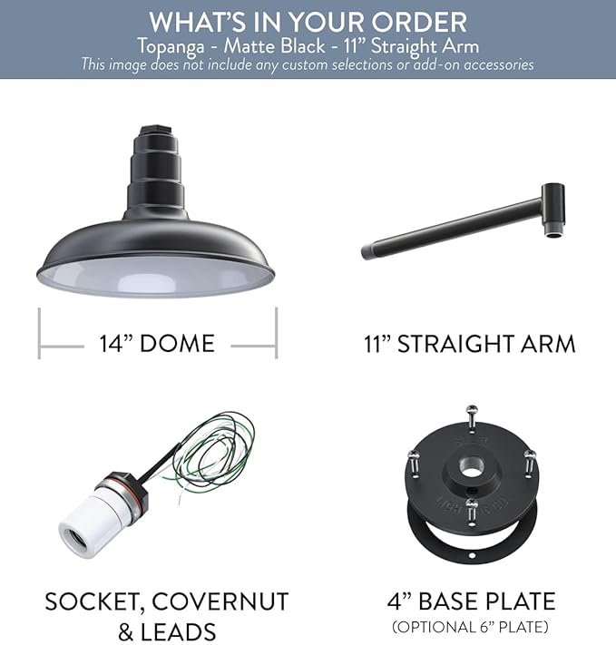 Steel Lighting Co. Topanga Barn Light | Outdoor Wall Mounted | Farmhouse Garage Light Made in America | 14 inch Dome | 11 inch Straight Arm | Matte Black Exterior/White Interior