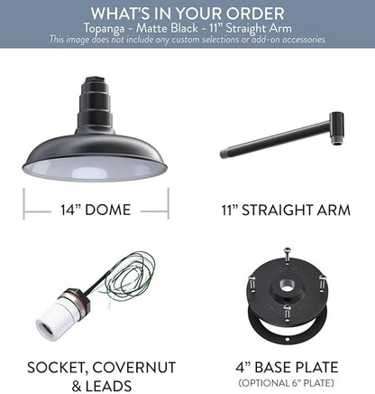 Steel Lighting Co. Topanga Barn Light | Outdoor Wall Mounted | Farmhouse Garage Light Made in America | 14 inch Dome | 11 inch Straight Arm | Matte Black Exterior/White Interior
