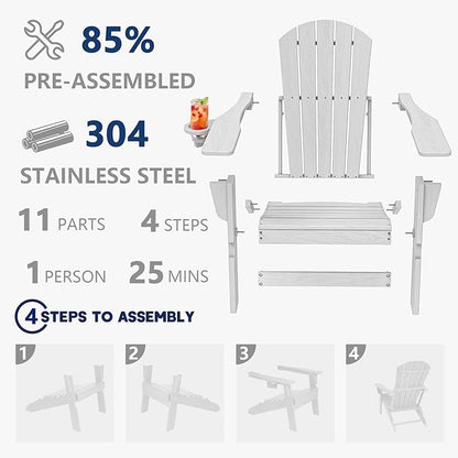 Plawdlik Folding Adirondack Chair, SGS Tested, Wooden Textured with Cup Holder, Heavy All-Weather HDPE Comfortable Set Poolside Backyard Lawn White Set 4