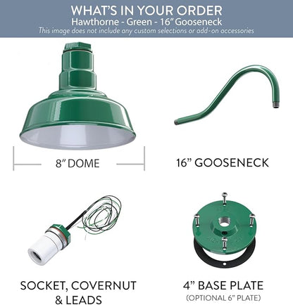 Steel Lighting Co. | Dusk to Dawn | Hawthorne Barn Light | Outdoor Wall Mounted | 8 in Dome | 16 inch Gooseneck| Small Farmhouse Light Made in America | Green Exterior/White Interior