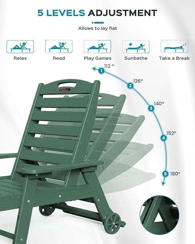 Ciokea Outdoor Lounge Chair with Rolling Wheels & Cup Holder, All Weather Patio Chaise Lounge Chair for Outside, 5 Position, HDPE Chair for Patio Deck, Pool, Green