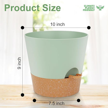 YNNICO 10-Inch Plant Pots, Self-Watering Planters with Drainage Holes & Saucers for Indoor and Outdoor Plants (2-Pack, Green)