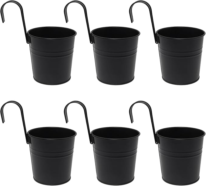 6 Pcs Hanging Flower Pots with Detachable Hooks,Metal Iron Bucket Planter for Railing,Fence,Balcony Garden Decor,4INCH,Black