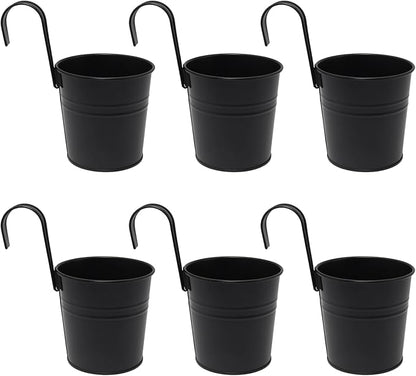 6 Pcs Hanging Flower Pots with Detachable Hooks,Metal Iron Bucket Planter for Railing,Fence,Balcony Garden Decor,4INCH,Black