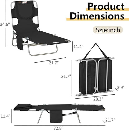Sun Tanning Chair with Face Hole, Heavy Duty Adjustable 5-Position Folding Laying Out Chairs for Tanning, Beach Lounge Chairs for Adults for Outdoor Sunbathing Patio Pool Lawn (Black 3)