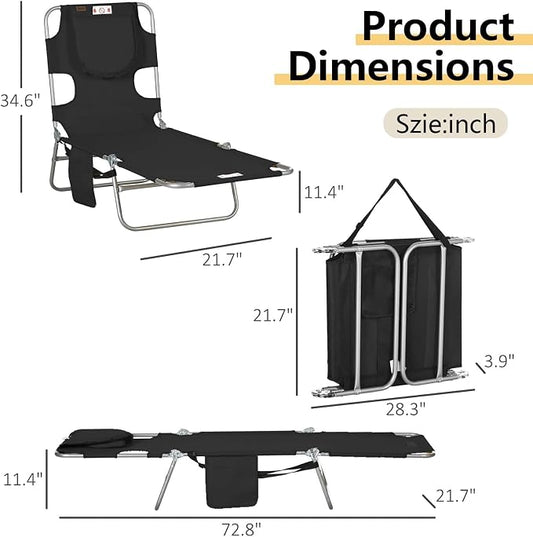 Sun Tanning Chair with Face Hole, Heavy Duty Adjustable 5-Position Folding Laying Out Chairs for Tanning, Beach Lounge Chairs for Adults for Outdoor Sunbathing Patio Pool Lawn (Black 3)