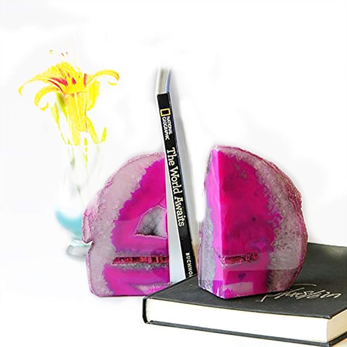 JIC Gem Decorative Crystal Book Ends Polished Dyed Pink Color Geode Brazilian Agate Bookends with Rubber Bumpers Small Size(1 Pair, 2-3 LBS)