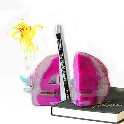 JIC Gem Decorative Crystal Book Ends Polished Dyed Pink Color Geode Brazilian Agate Bookends with Rubber Bumpers Small Size(1 Pair, 2-3 LBS)