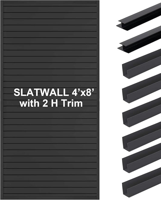 FRAYSCENT Slat Wall Paneling Garage Slat Wall Storage Systems Slatwall Panels Power Tool Organizer Wall Mount, PVC Garage Storage & Organization Products Slate Board (Black, 8ftx4ft with 2H Trim)