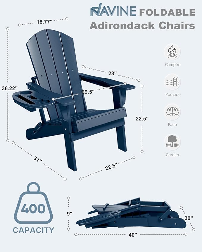 Adirondack Chair Set of 4, HDPE Folding Adirondack Chair with Multifunctional Cup Holder, Weather Resistant Fire Pit Chair for porches, patios, poolsides, Decks.