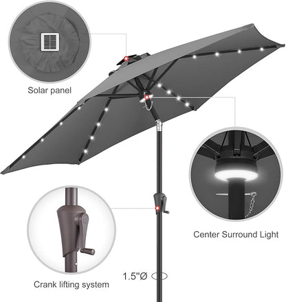 10ft Solar Patio Umbrella - Outdoor Umbrella with Centre Surround Light 24 LED Beads, Market Table Umbrella with Tilt & Crank for Pool, Porch, Garden, Deck, Backyard UV Protection(Anthracite)