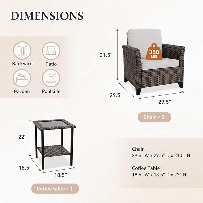 Canyon Ridge 3 Piece Outdoor Patio Bistro Set with Patio Chairs and Side Table, Outdoor Furniture Set, Brown/Beige