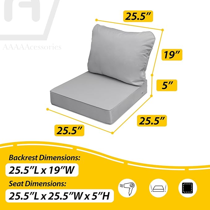 AAAAAcessories Outdoor Seat Cushions for Chairs, Fade-Resistant, Waterproof Patio Furniture Replacement Cushions, 25.5" x 25.5" x 5" + 25.5" x 19", Gray