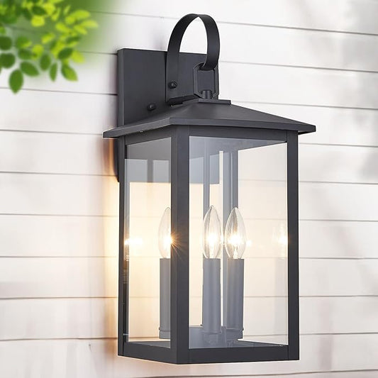 3-Light 9 inches Wide 20.5 inches High Large Wall Lantern Light with Textured Black Finish and Clear Glass New Traditional Outdoor Wall Lights for a Porch, Patio, Garage, Barn, Foyer