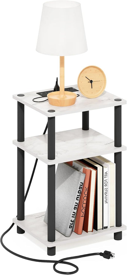 Furinno Just 3-Tier Turn-N-Tube USB and Type-C Charging Port End Table with Open Storage, 11.42 (W) x 8.82 (H) x 6.77 (D) inches, Marble White/Black