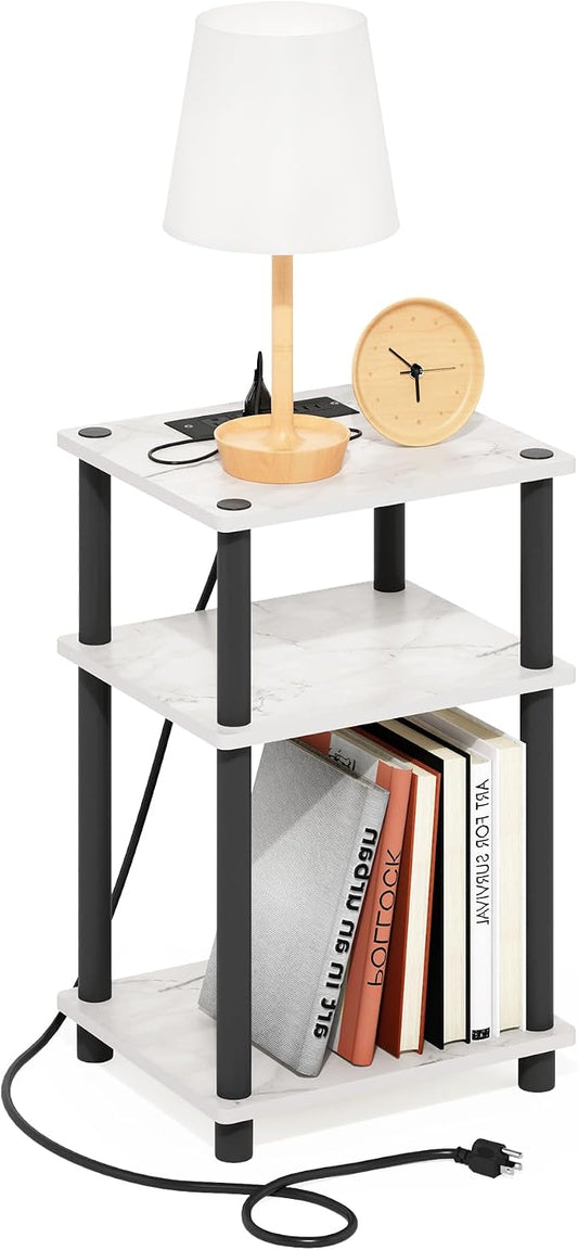 Furinno Just 3-Tier Turn-N-Tube USB and Type-C Charging Port End Table with Open Storage, 11.42 (W) x 8.82 (H) x 6.77 (D) inches, Marble White/Black