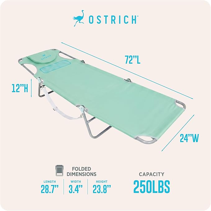 Ostrich the Ladies Comfort Lounger with Chest Support, Foldable and Portable Reclining Outdoor Patio Beach Lawn Camping Pool Tanning Chair, Teal
