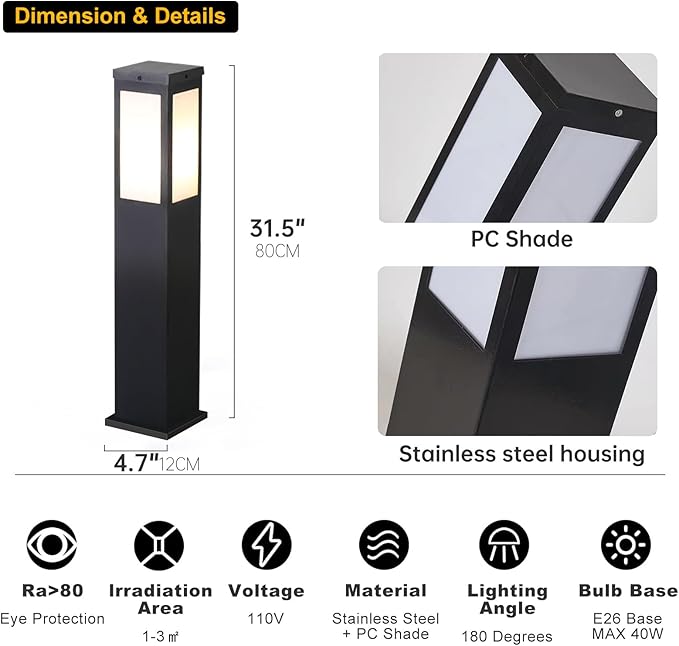 Outdoor Landscape Path Light E26 Bollard Lighting Fixture IP54 Waterproof Pathway Light with Stainless Steel Garden Floor Lamp Outdoor Walkway Lights for Lawn Courtyard Driveway Decoration