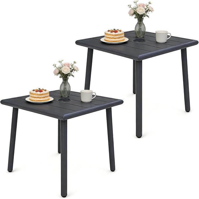 Small Metal Outdoor Side Table with Umbrella Hole Set of 2, Sqaure Patio Coffee Bistro Table End Table, Umbrella Table with Hole for Poolside Yard Porch Deck Balcony,19.7x19.7 inches, Gray