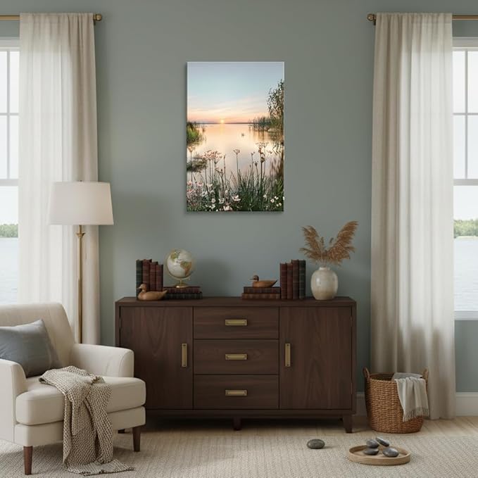 Lake Canvas Landscape Wall Art: Nature Picture Print Vertical Sunset Scene Painting Artwork for Bedroom Living Room Decor
