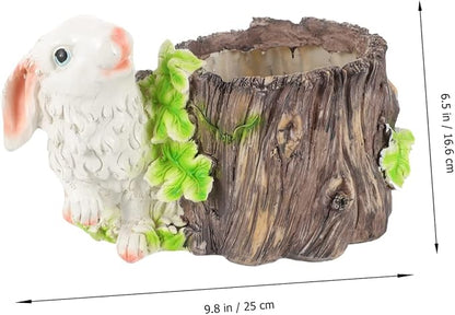 BESPORTBLE Bunny Stump Flower Pot Small Resin Planter for Outdoor and Indoor Gardening Decorative Desktop Ornament Drainage Cute Bunny Design