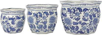 Galt International Blue & White Round Fluted Classic Floral Porcelain Ceramic Plant Flower Planter Pot Set of 3 (7.5", 10", 13") Garden Pots Chinese Asian Design