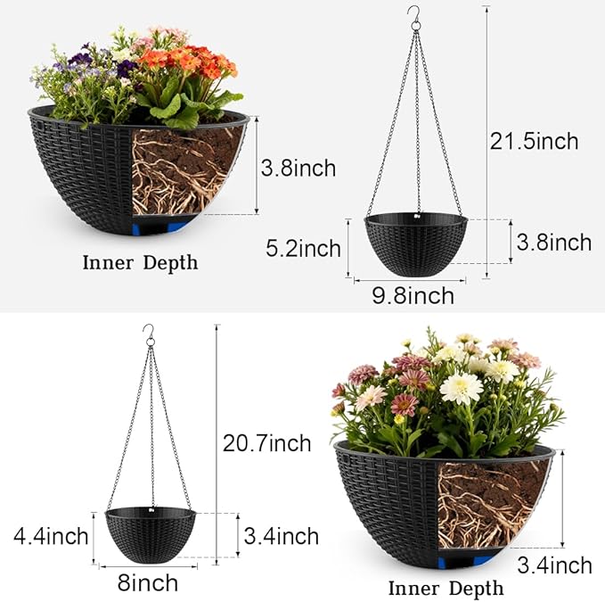 Hanging Planters for Indoor Outdoor Plants 8 and 10 Inch, 4 Packs Plant Hanger with Drainage Holes, Hanging Basket Flower Pot Perfect for Home, Office and Garden, Black