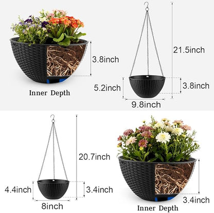 Hanging Planters for Indoor Outdoor Plants 8 and 10 Inch, 4 Packs Plant Hanger with Drainage Holes, Hanging Basket Flower Pot Perfect for Home, Office and Garden, Black