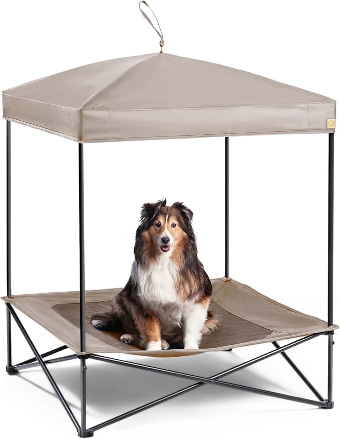 Piper Pop-Up Canopy Cot - Large Foldable Elevated Dog Bed with Waterproof Shade, Cooling Mesh, Heavy Duty up to 110 lbs, Perfect for Camping and Home, Tan, 35"x 35"